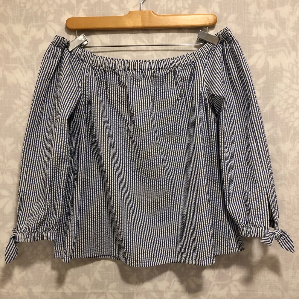 Women’s Off the Shoulder Seersucker Bow Coquette Summer Blue White Striped Top 8